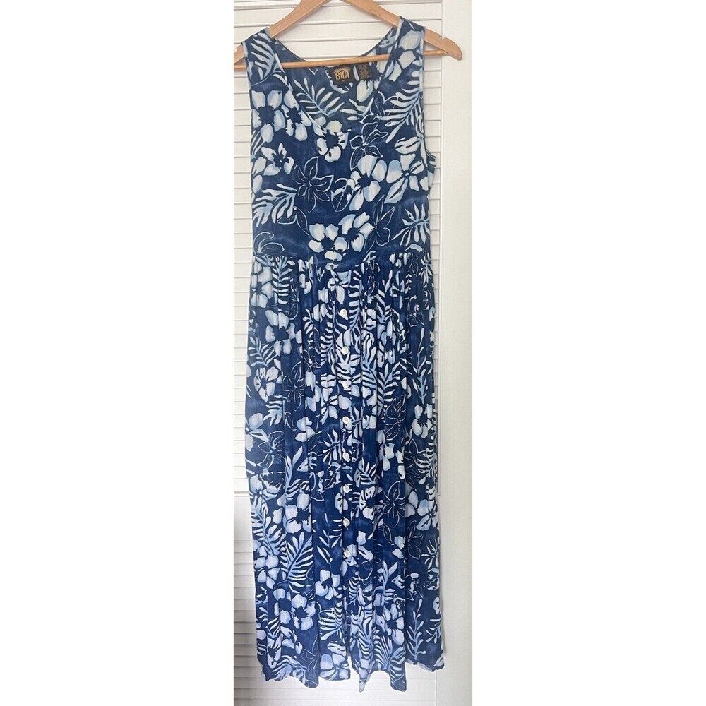 VTG 80s 90s Bila Navy Blue Floral Batik Sun Dress Sleeveless Boho Chic Lagenlook